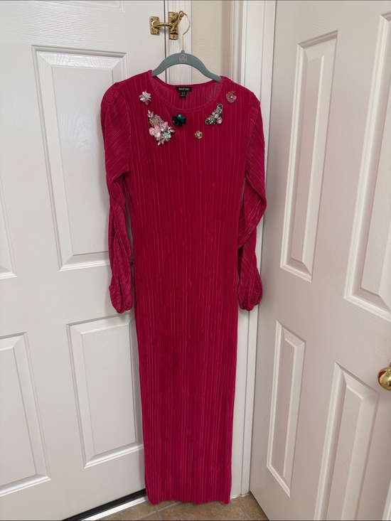 Boohoo Dresses & Skirts - Boohoo Fuchsia Embellished Ribbed Long Sleeve Maxi Dress